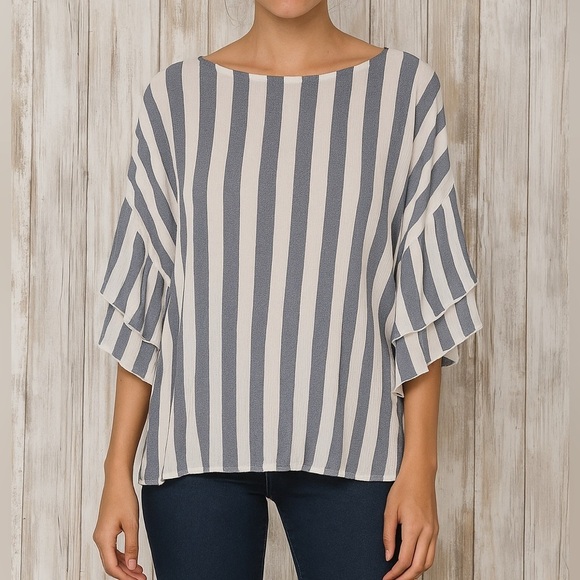 ODDY Tops - Oddy Stripe Ruffle Sleeve Blouse